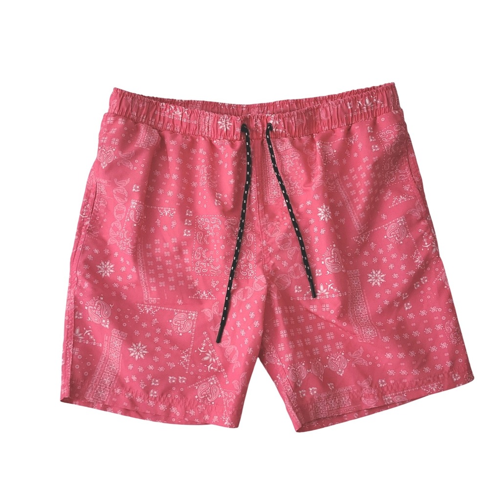 Distortion Mens XL Swim Trunks Shorts Pink Bandana Print‎ Elastic Waist Country